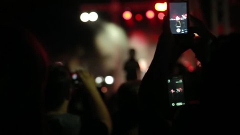 The audience at a concert, people shoot a concert, a boy sits on his parent's neck.