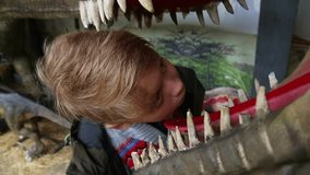 Young happy kid looks at teeth of model of huge scary dinosaur at theme park outdoor. Real time full hd video footage.