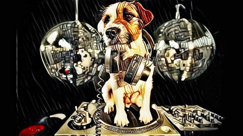 the world's most famous dj dog. a cute jack russell dog djing in a disco setting  with impressionist style overlayed art painting effect 스톡 비디오