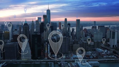 Aerial smart city. Localization icons in a connected futuristic city.  Technology concept, data communication, artificial intelligence, internet of things. New York City skyline.