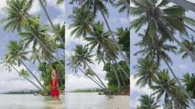 Vertical Video of Beach Vacation Travel Holidays in French Polynesia. Paradise beach with palm trees. Video from Motu in Bora Bora, Tahiti.  SLOW MOTION.