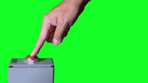 A finger casually presses an industrial red button. Three options. Green screen with optional luma matte.  	