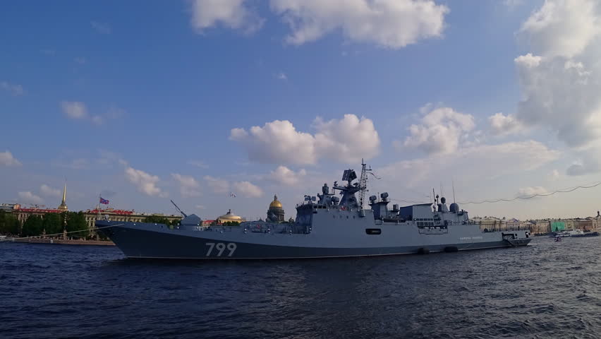 ST.PETESBURG, RUSSIA - JULY 27, 2018: Russian frigate Admiral Makarov on Neva river preparing to the parade to Navy Day, Saint-Petersburg, Russia. Time lapse movie