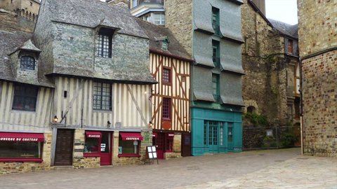 VITRE, FRANCE - APRIL 07, 2018: streets of breton town Vitre with the french colombage houses 