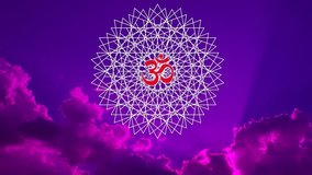 Openwork mandala with an aum sign against the sky in a blue and purple tonality. Rotation of the mandala and the movement of clouds. Video.