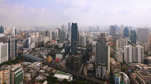Aerial view of Bangkok downtown. Real estate development Asia. Flying over Bangkok, Thailand.