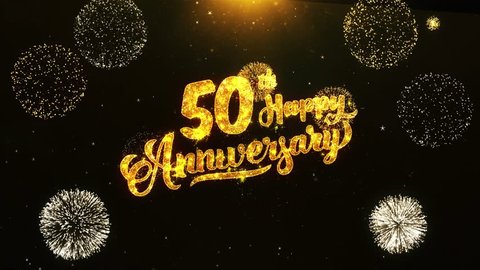 50th Happy Anniversary Text Greeting and Wishes card Made from Glitter Particles From Golden Firework display on Black Night Motion Background. for celebration, party, greeting card, invitation card.