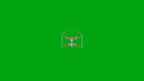 Drone with Rotating Rotors on a Green Background Flies to the Left Side. Top view. 3d animation, 4K