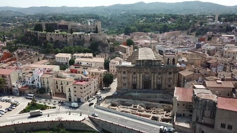 Aerial view of Tortosa, the historic part of the town, Cathedral and Suda castle. Tarragona, Catalonia, Spain