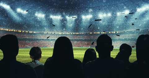 Fans celebrating the success of their favorite sports team on the stands of the professional stadium while it's snowing. Stadium is made in 3D and animated.