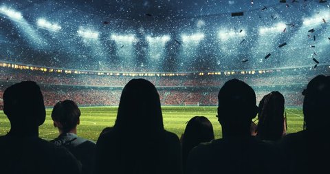 Fans celebrating the success of their favorite sports team and waving hands on the stands of the professional stadium while it's snowing. Stadium is made in 3D and animated.