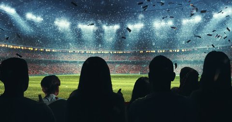Fans celebrating the success of their favorite sports team on the stands of the professional stadium while it's snowing. Stadium is made in 3D and animated.