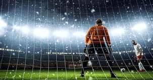 Goalkeeper fails to save from a penalty kick on a professional soccer stadium while it's snowing. Stadium and crowd are made in 3D and animated.