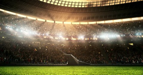 Footage of a professional soccer stadium while the sun shines. Stadium and crowd are made in 3D and animated.