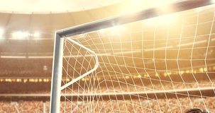 Goalkeeper fails to save from a goal on a professional soccer stadium while the sun shines. Stadium and crowd are made in 3D and animated.