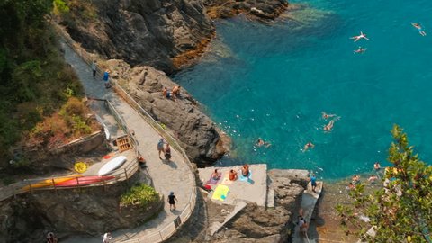Aerial view of the Italian Riviera village of Manarola in Cinque Terre, Liguria, Italy, a UNESCO World Heritage Site, famous for its coastline, five villages and surrounding hillsides
