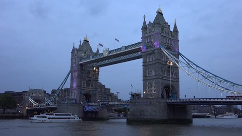 LONDON, JULY 23, 2018, Tower Bridge in Twilight, Sunset, Ships, Boats Cruise on Thames River 4K