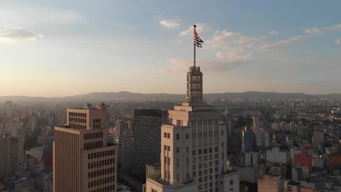 Sao Paulo, Sao Paulo / Brazil - 05/16/2018: Aerial cityscape, sunset building Altino Arantes ¨Banespao¨