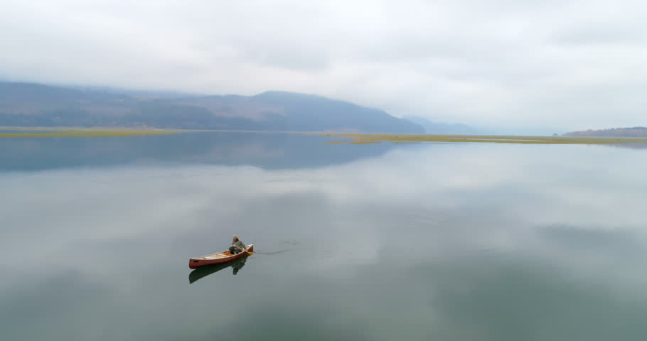 Man rowing boat with his dog on a lake at countryside 4k