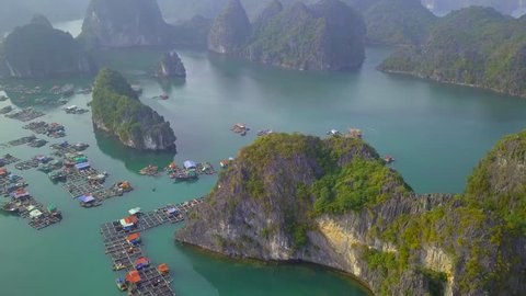 Lan Ha Bay of Ha Long Bay, Quang Ninh Province, Viet Nam. is a touristic fishing village of the UNESCO World Heritage Site in Vietnam. unmanned aerial view, 4k D-log aerial shot.