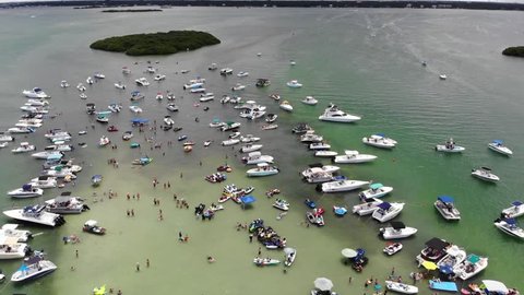 Aerial of annual sand bar party at Johns Pass located in Madeira beach Florida on July 14th, 2018.