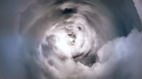 Tunnel from clouds leading to heaven. Animation of passing through cloudy tunnel