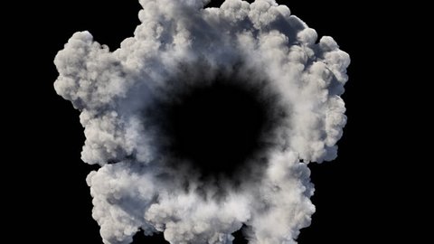 High density smoke puff spreading concentrically outwards / Gunshot smoke / Shockwave smoke. Separated on pure black background, contains alpha channel.
