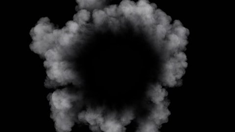 Low density smoke puff spreading concentrically outwards / Gunshot smoke / Shockwave smoke. Separated on pure black background, contains alpha channel.