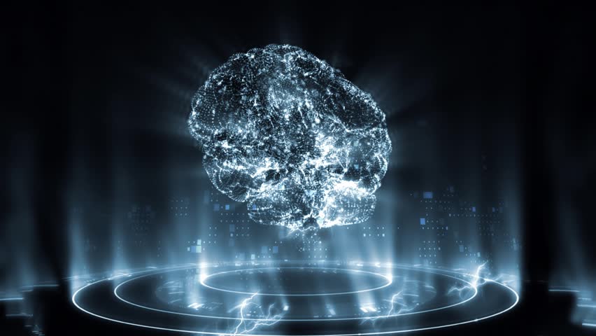 Circular rotation polygonal brain shape of an artificial intelligence with lines and glowing dots and shadow over the dark blue background | Shutterstock HD Video #1014392441