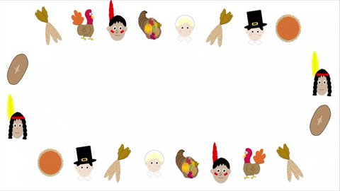 Seamless animated looping Thanksgiving icons illustrated in cartoon fashion framing white background with copy space.