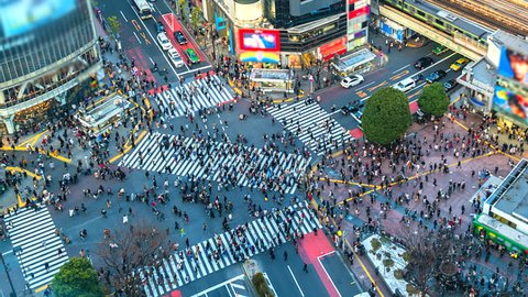 4K.Time lapse Aerial view of Shibuya crossing in Tokyo of Japan