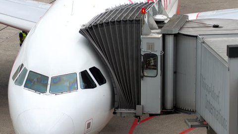 DUSSELDORF, GERMANY - JULY 23, 2017: Airberlin Airbus A320 D-ABDY preparing for departure. Dusseldorf Airport, timelapse