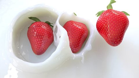 4k UHD Strawberries landing in a lightly cowered milk surface