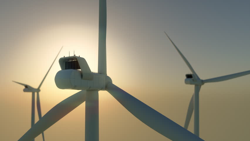 Wind turbine renewable energy offshore park during sunrise camera closing in 4K 3d illustration Royalty-Free Stock Footage #1014425843