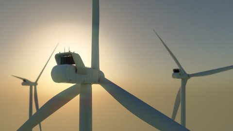 Wind turbine renewable energy offshore park during sunrise camera closing in 4K 3d illustration
