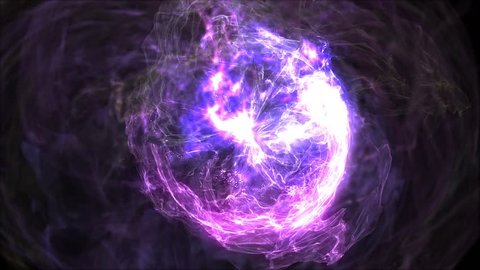 Abstract animated violet motion background of spinning spheres with lines and waves on black background. VJ Seamless loop.