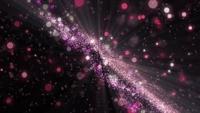 Space pink background with particles. Space purple dust with stars on black background. Sunlight of beams and gloss of particles galaxies.