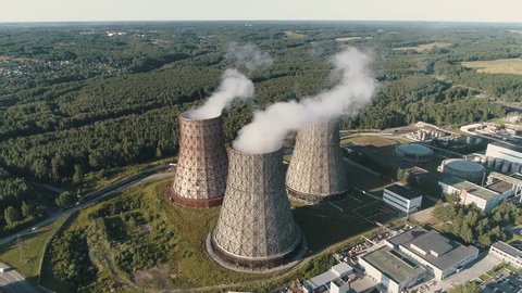 aerial view on the working Power station. Cooling tower of nuclear power plant. coal-burning power plant