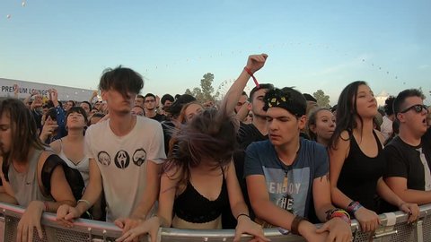 BONTIDA, ROMANIA - JULY 21, 2018: Crowd of cheerful fans dancing and partying during a Subcarpati live concert at Electric Castle festival