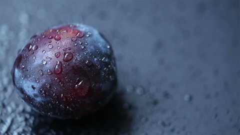 The dark blue plum. The blue plum is covered with drops of water, lies on a black background