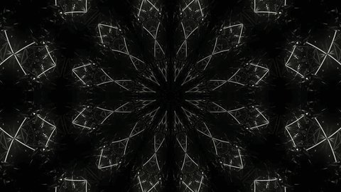 Awesome VJ loop with the kaleidoscopic transformations and motion of strange figures, made of black glass, cmbined with shiny silver rays and sparkles. Ideal choise for unique stage performances. 