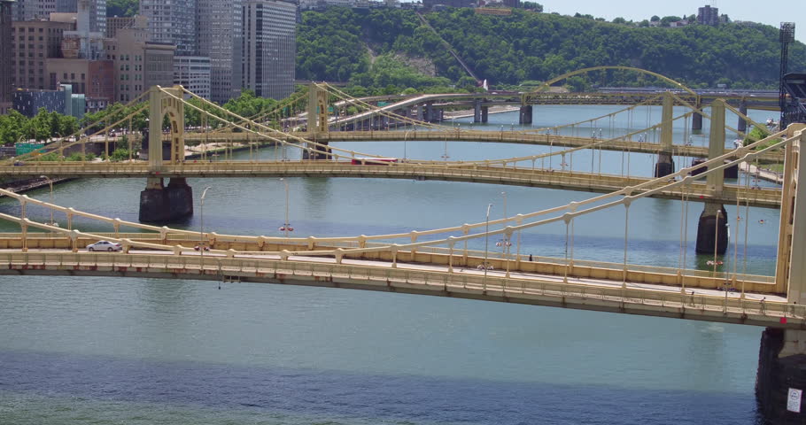 An aerial view over the Sister Bridges in Pittsburgh, Pennsylvania
