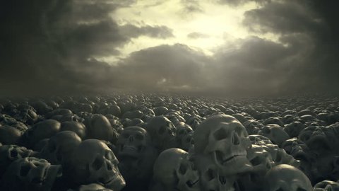 Field of skulls with overcast sky. Fantasy style illustration. Track shot. Ancient cemetery of battleground. Cinematic quality.