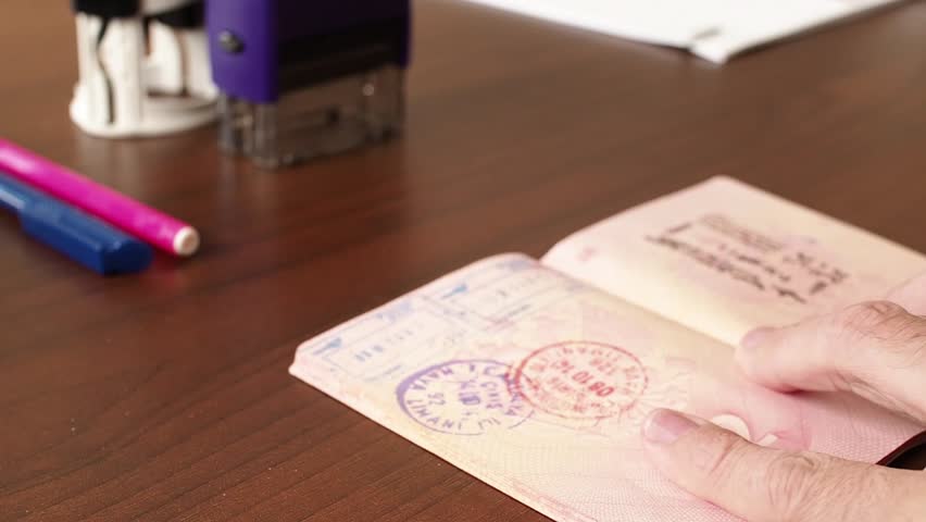 An allowing stamp in the passport. To give the entry visa. Border control has allowed entry into the country Royalty-Free Stock Footage #1014447653