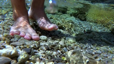 Man Feet Walking Rocky Mediterranean Sea Coast Underwater