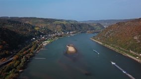 Aerial panorama of autumn Rhine valley and Bacharach town, Germany