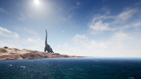 Dinosaurs in prehistoric period on sand landscape. Realistic render. 4K