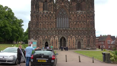 Lichfield Cathedral, Staffordshire, England - June 19, 2018. Front view of historical beautiful building - Lichfield Cathedral.