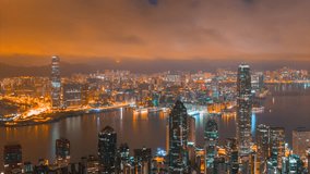 4k timelaspe day to night sunrise scene of hongkong cityscape view from victoria peak, hongkong