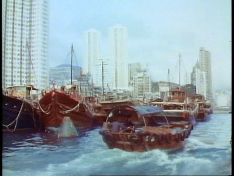 HONG KONG, CHINA, 1982, Aberdeen, the floating city, boat people, skyline, POV